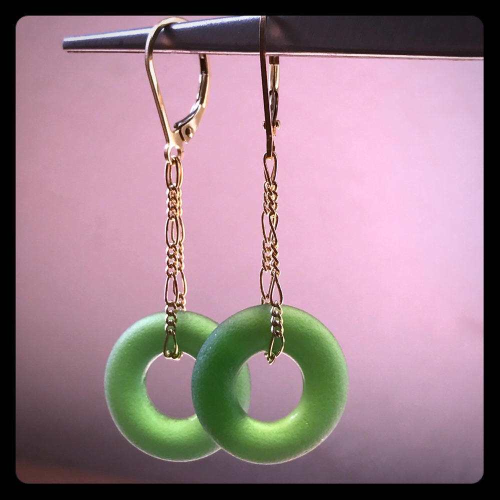 14kt Gold fill  and green glass dangle earring